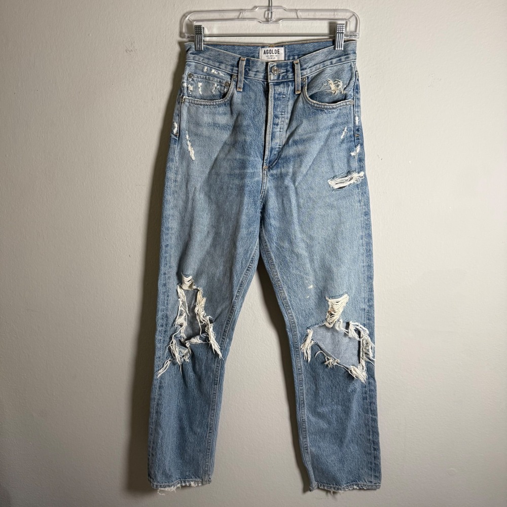 AGOLDE 90s‎ Fit High Rise Distressed Straight Leg Jeans Light Wash A069C-811 24